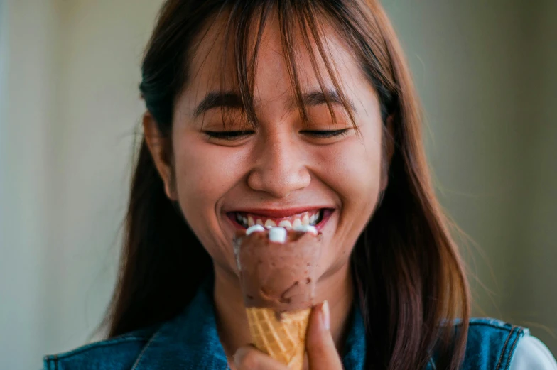 a woman is eating an ice cream cone, pexels contest winner, avatar image, sharp teeth smile, extra crisp image, pokimane
