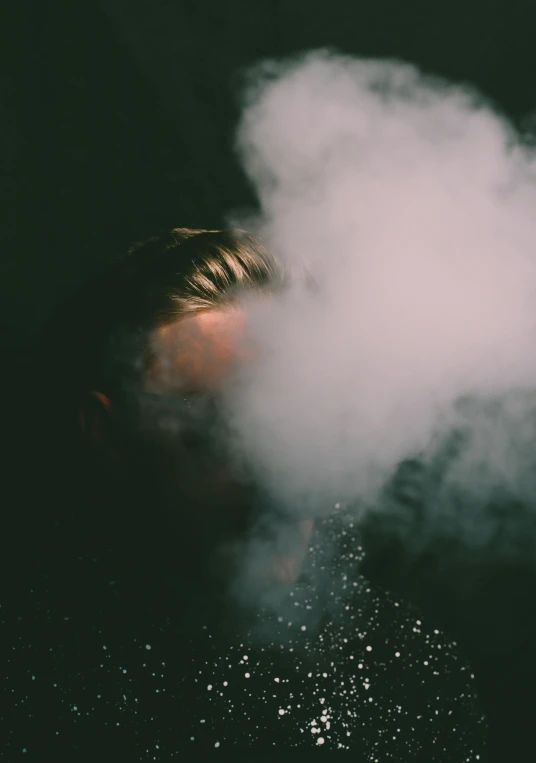 a person with smoke coming out of their mouth, an album cover, inspired by Elsa Bleda, pexels contest winner, juice, teenage boy, powder, headshot