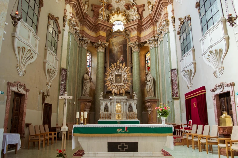 a church filled with lots of tables and chairs, an album cover, by Matthias Stom, shutterstock, baroque, on the altar, in legnica, standing in front of the altar, white marble interior photograph