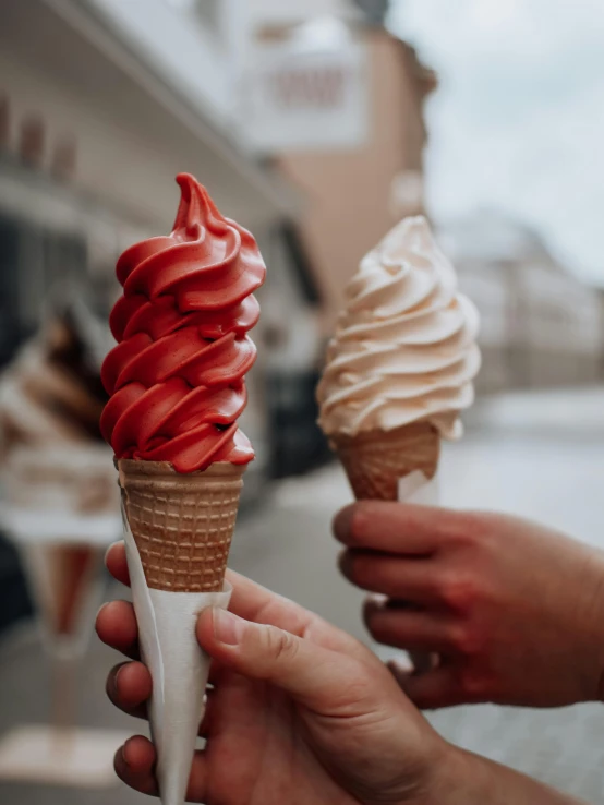two people holding ice cream cones in their hands, a colorized photo, pexels contest winner, white red, intricate pasta waves, 👅 👅, single color