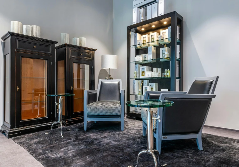 a living room filled with furniture and a glass table, inspired by Albert Paris Gütersloh, apothecary, stunning high tech, thumbnail, lacquered