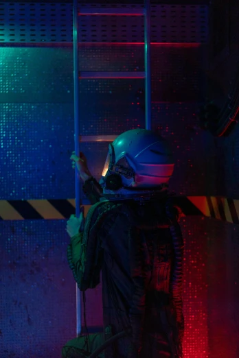 a man that is standing next to a pole, cyberpunk art, inspired by Beeple, unsplash, holography, on a spaceship, ladders, masked person in corner, mid shot photo