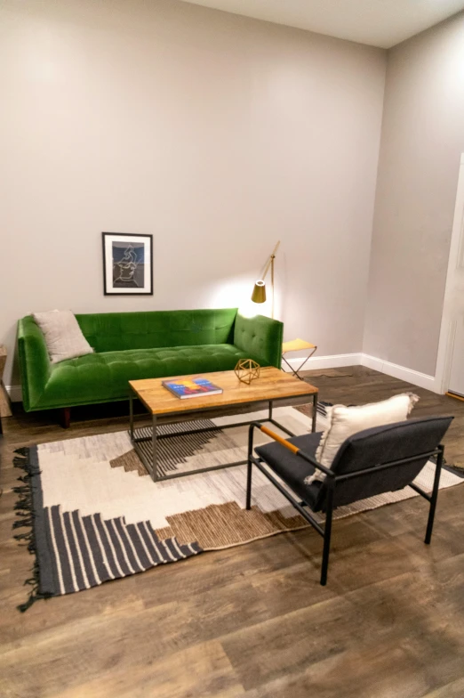 a living room filled with furniture and a green couch, by Gavin Hamilton, common street, studio photo, extra details, 4k studio photo