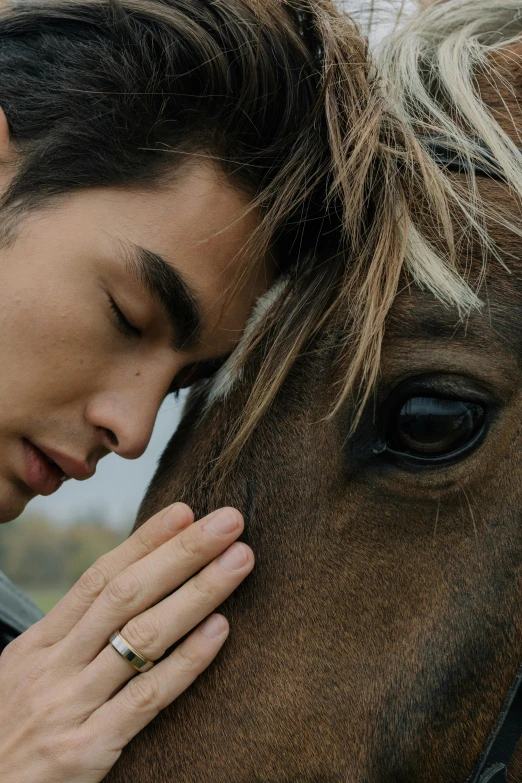 a close up of a person petting a horse, an album cover, inspired by Zhang Han, trending on pexels, beautiful young man, thoughtful, male with halo, video