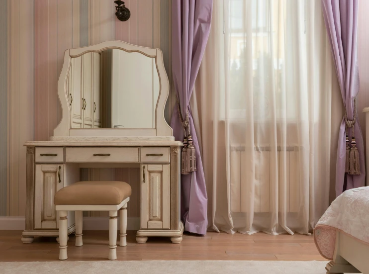 a bed room with a neatly made bed and a dressing table, inspired by Pierre-Joseph Redouté, pexels contest winner, rococo, curtain, beige color scheme, white and purple, thumbnail