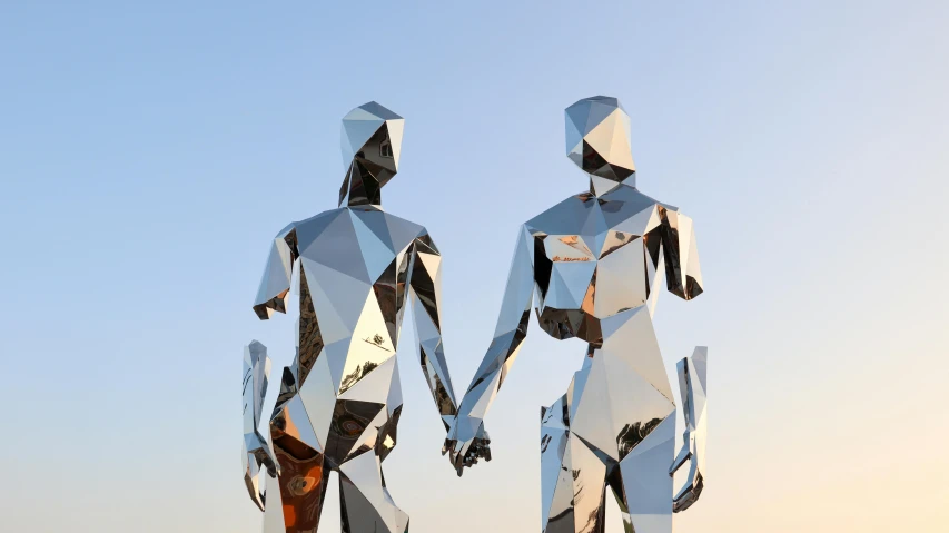 a couple of metal statues standing next to each other, by Okuda Gensō, evening sun, holding hands, ultra low poly modelling, chrome body