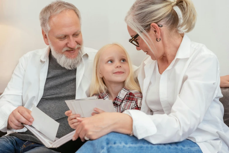 an older man and a young girl sitting on a couch, pexels contest winner, local conspirologist, white haired lady, two old people, profile image