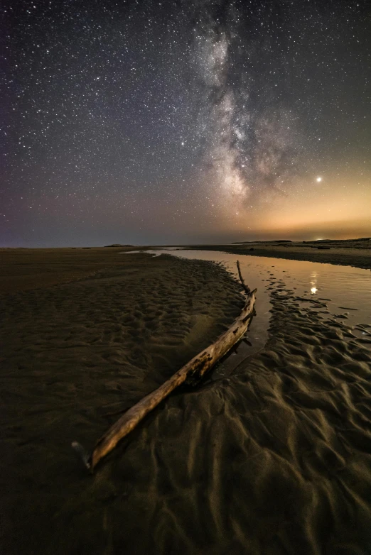 a log laying on top of a sandy beach, by Daniel Seghers, unsplash contest winner, land art, stars and moons in the sky, river delta, superwide shot, pacific northwest coast