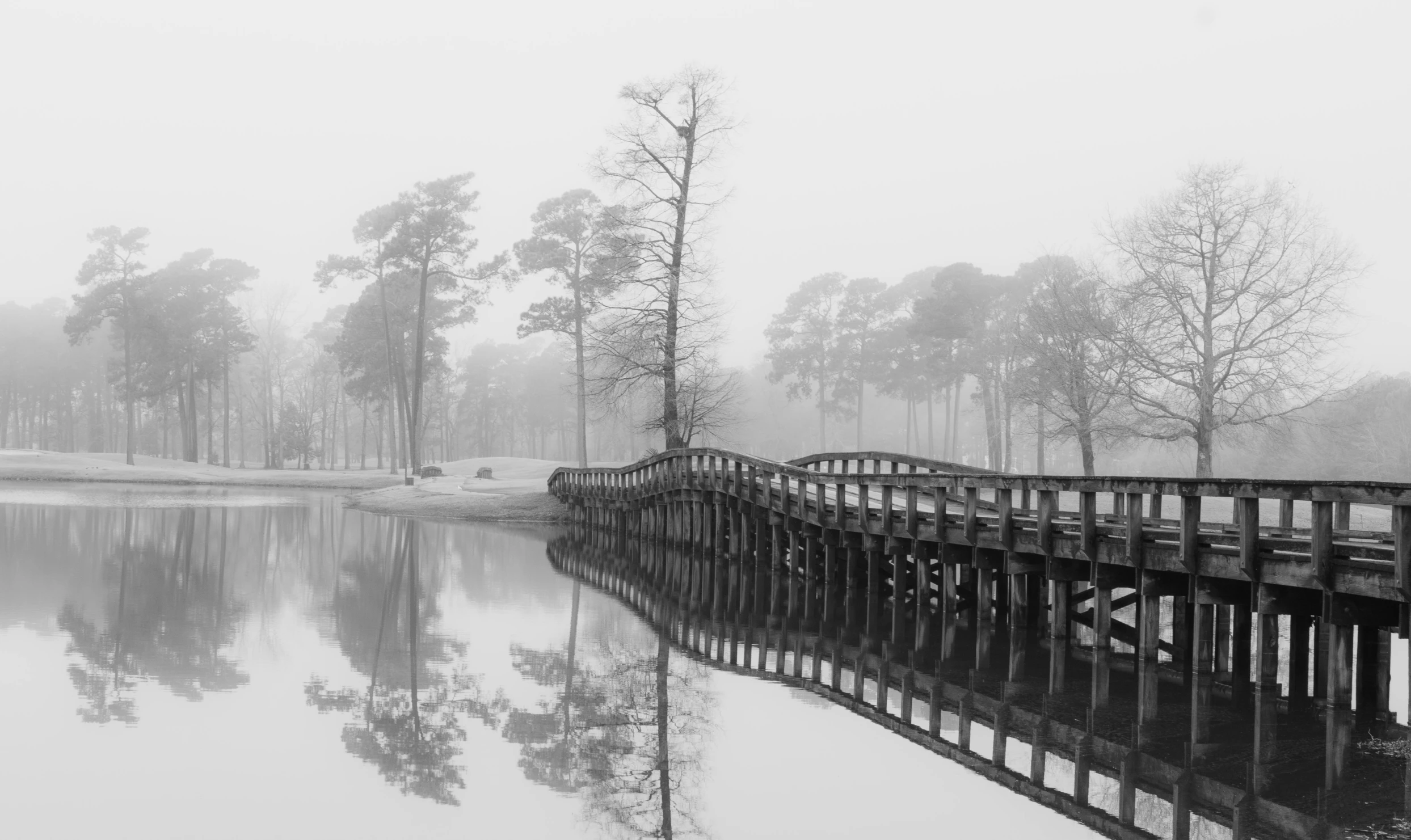 a black and white photo of a bridge over a lake, by Neil Blevins, augusta national, winter photograph, brown mist, panoramic photography