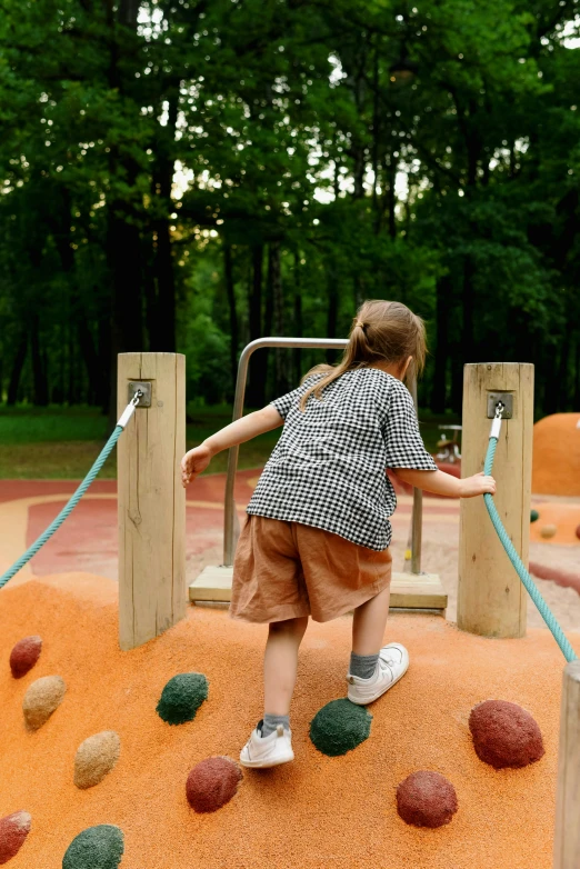 a little girl on a climbing wall in a park, inspired by Jan Rustem, unsplash, wooden platforms, soft surfaces, dug stanat, walking at the park