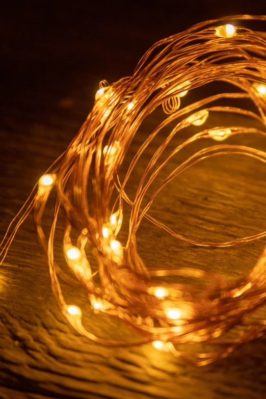 a string of lights on a wooden table, ( ( ( copper ) ) ) wire whiskers, medium close shot, natural soft rim light, zoomed in