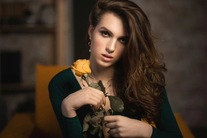 a woman in a green dress holding a yellow rose, a portrait, inspired by Elsa Bleda, pexels contest winner, attractive brown hair woman, various posed, attractive girl, uploaded