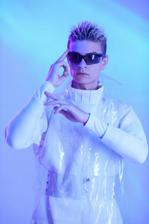 a man in a white shirt and sunglasses, an album cover, inspired by Nikolaj Abraham Abildgaard, holographic suit, modelling, vergil, cory chase as an atlantean