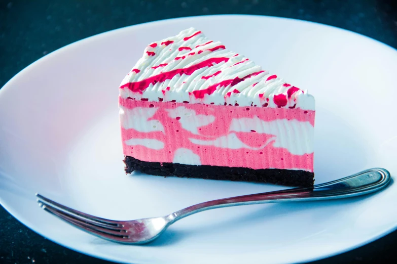 a piece of cake on a plate with a fork, hot pink and black, tie-dye, military, sea of parfait