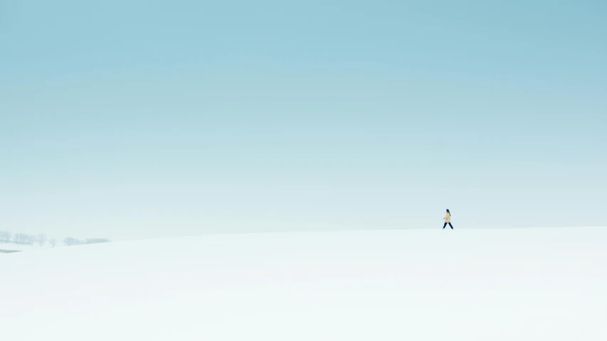 a man riding skis down a snow covered slope, by Matthias Weischer, minimalism, blue! and white colors, a woman walking, minimalissimo, lonely