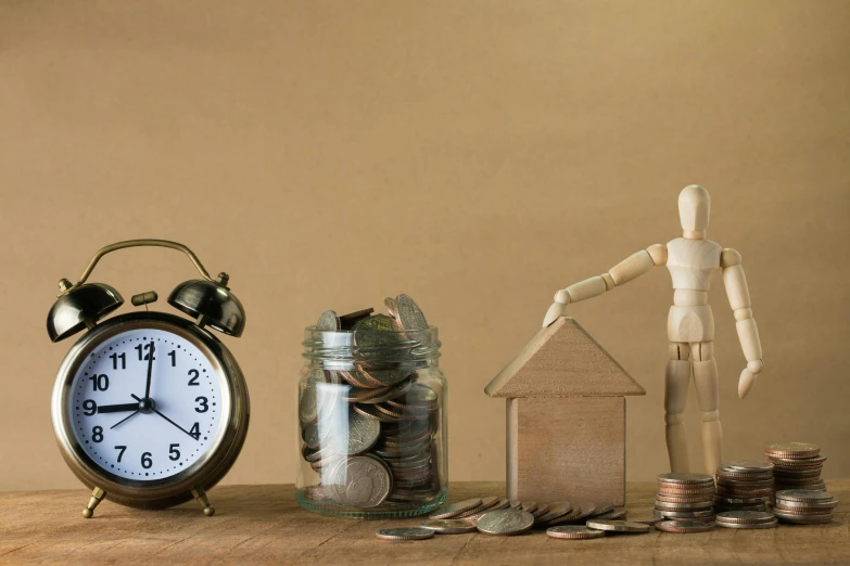 a clock sitting on top of a wooden table next to coins, jar on a shelf, illustration », figurines, beige