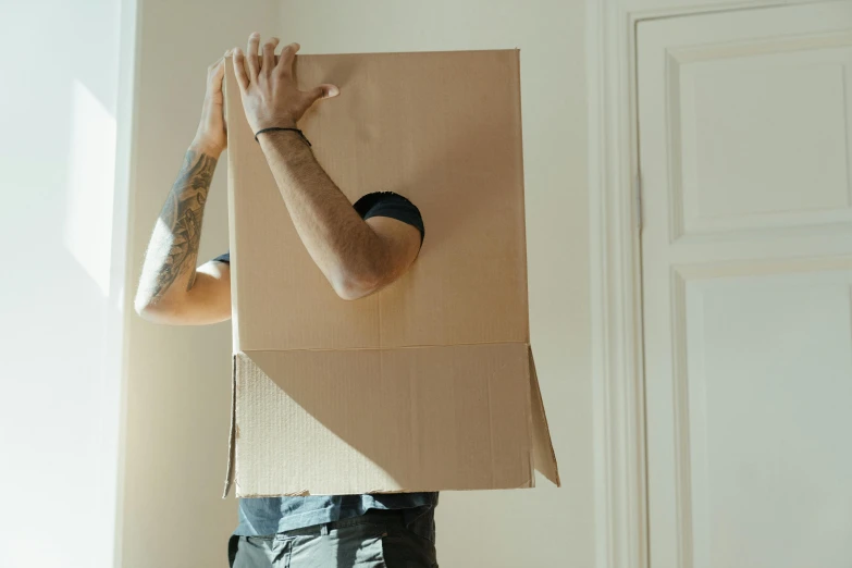 a man holding a cardboard box over his head, pexels contest winner, renaissance, melbourne, slightly tanned, massive wide trunk, everything fits on the screen