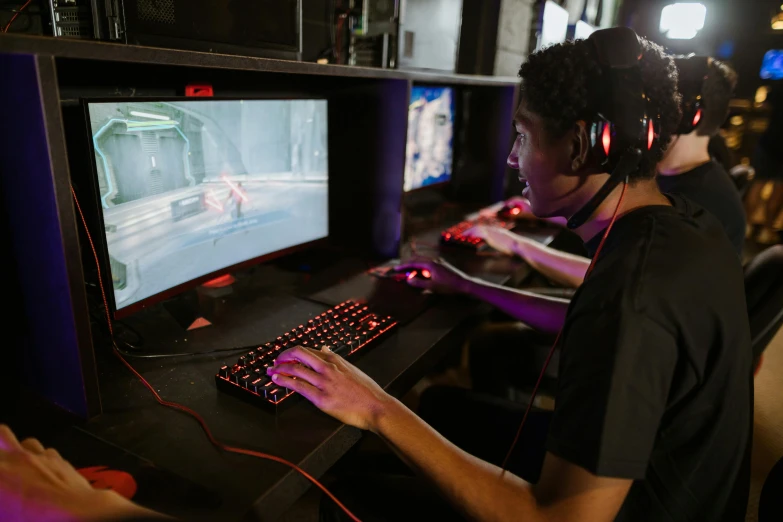 a group of people playing a video game, sitting at a computer, no blur, instagram post, gaming headset