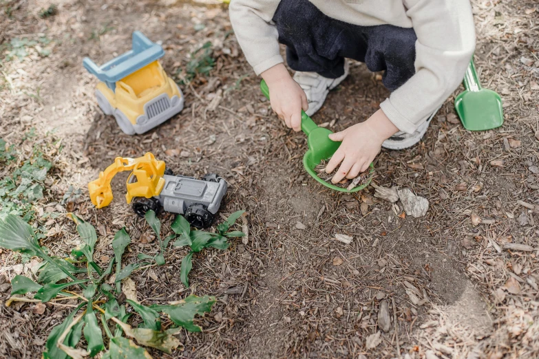 a little boy that is kneeling down in the dirt, by Nicolette Macnamara, pexels contest winner, tools and junk on the ground, plants and grass, toy photo, vehicle