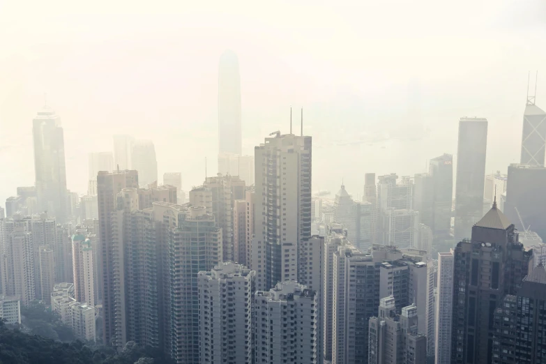 a view of a city from a high rise building, inspired by Zhang Kechun, pexels contest winner, modernism, hazy water, hong kong buildings, buildings and smoke, 8k resolution”