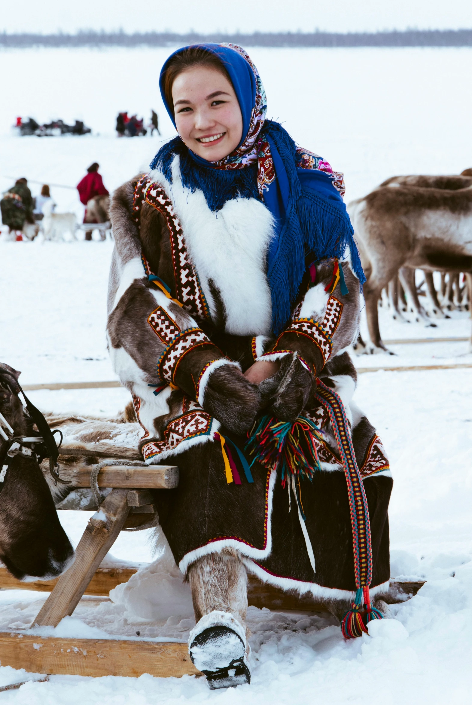 a woman sitting on a bench next to a reindeer, hurufiyya, wearing authentic attire, warm and happy, brown, blue