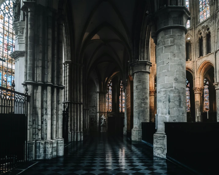 a black and white checkered floor in a cathedral, unsplash contest winner, gothic art, many doorways, belgium, wearing long silver robes, gothic rich deep colors