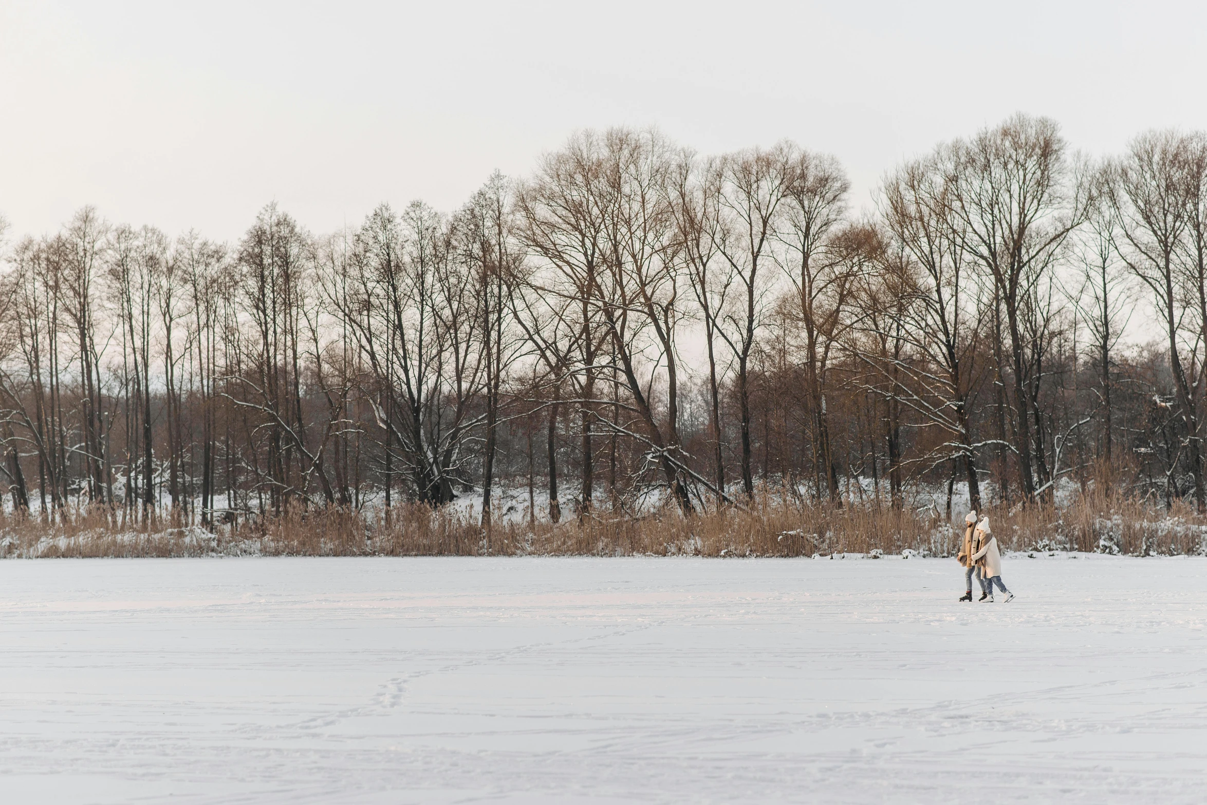 a group of people walking across a snow covered field, by Emma Andijewska, pexels contest winner, visual art, in a park and next to a lake, people angling at the edge, brown, white background