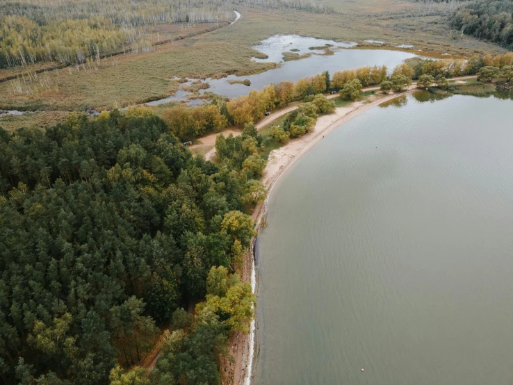 a large body of water surrounded by trees, a picture, pexels, land art, rostov, aerial footage, sandy beach, panels