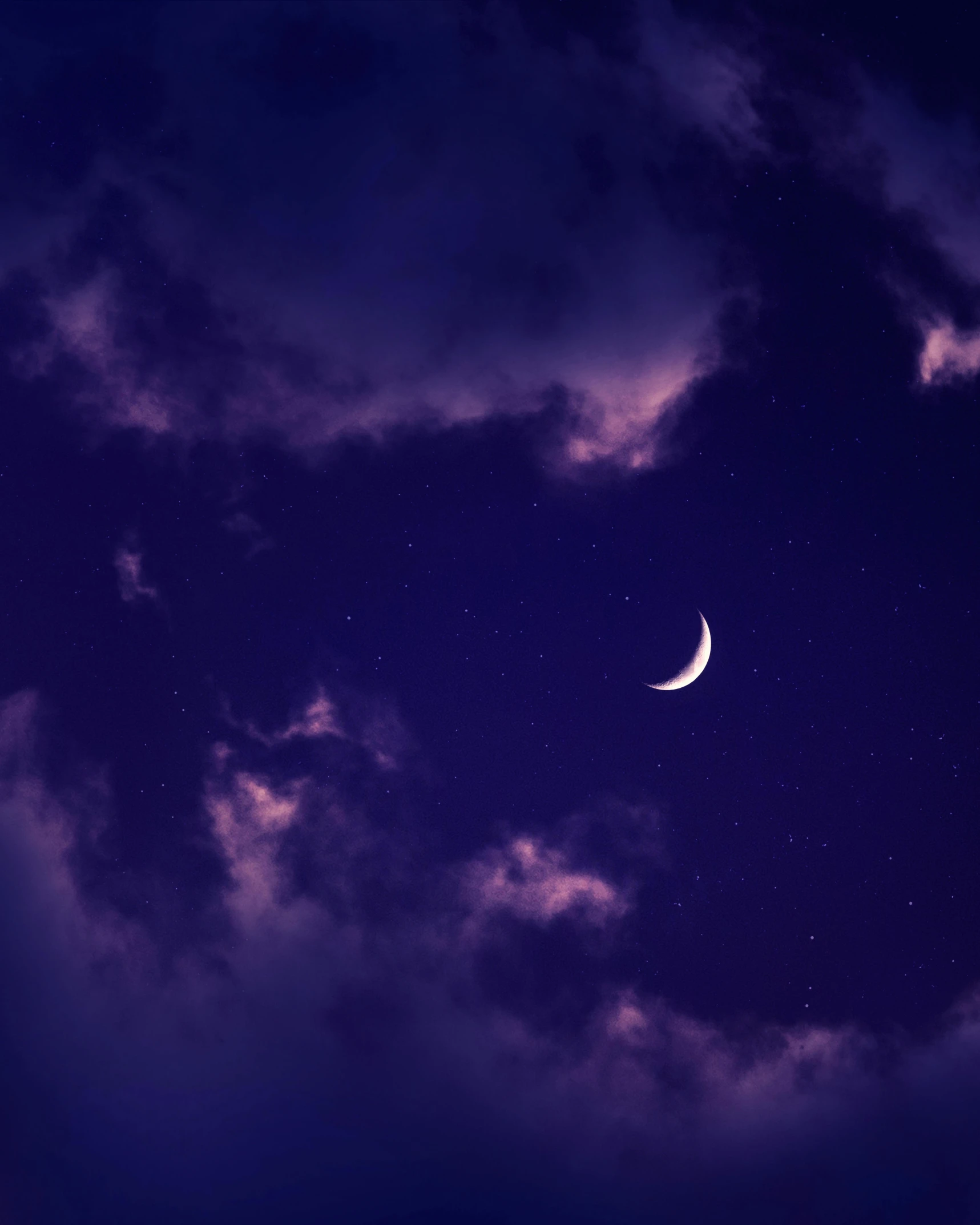 a crescent in the night sky with clouds, an album cover, trending on pexels, ☁🌪🌙👩🏾, midnight color palette, sleepy, purple