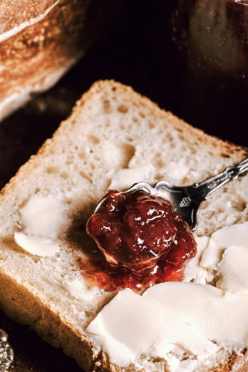 a spoon sitting on top of a piece of bread, jelly, no cropping, cheeses, profile image