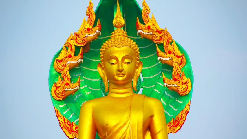 a golden buddha statue in front of a blue sky, a statue, by Dan Content, wearing elaborate green and gold, avatar image, thumbnail, thai