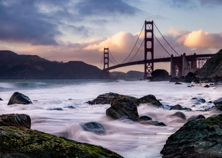 a view of the golden gate bridge in san francisco, california, pexels contest winner, romanticism, medium format, shoreline, 8k resolution”, grain”