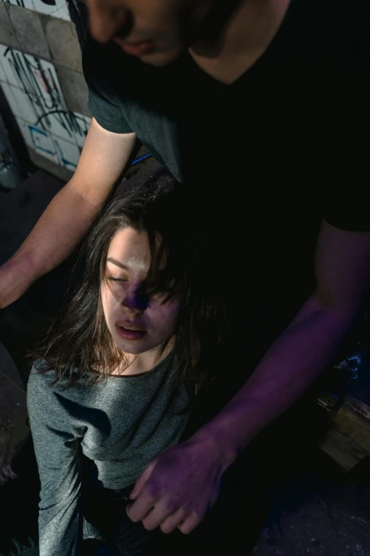 a man cutting a woman's face with a knife, pexels contest winner, process art, upside down stranger things, laying on her back, high light on the left, teenage girl