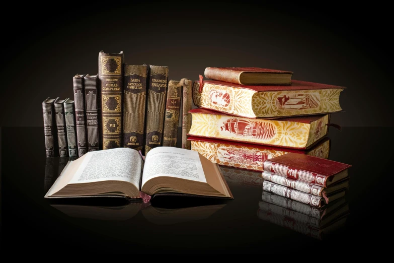 a stack of books sitting on top of a table, engravings, payne's grey and venetian red, high quality product image”, sardax