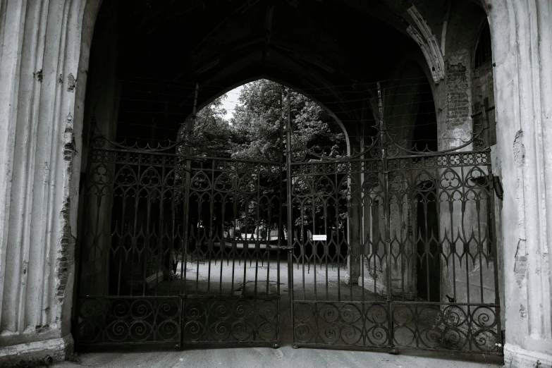 a black and white photo of a gate, inspired by Thomas Struth, unsplash, gothic art, brown, 1950s photograph, crypt, outside the'school of magic '