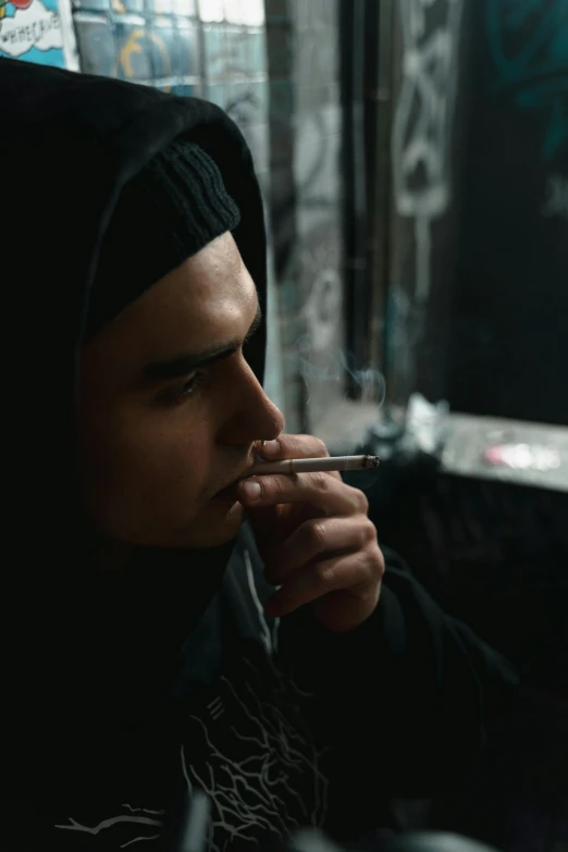 a man in a black hoodie smoking a cigarette, pexels contest winner, ( ( theatrical ) ), in the backrooms, asher duran, pouty