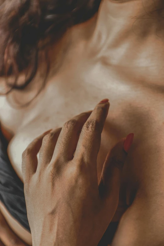 a close up of a person touching a breast, trending on pexels, renaissance, sexy :8, mid night, lesbian, brown body