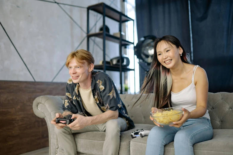 a couple of people that are sitting on a couch, pexels contest winner, video game graphics, asian female, swedish, 15081959 21121991 01012000 4k