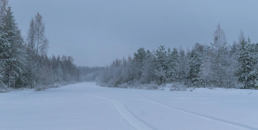 a man riding skis down a snow covered slope, an album cover, inspired by Eero Järnefelt, pexels contest winner, hurufiyya, road into the forest with a lake, grey, panorama, thumbnail