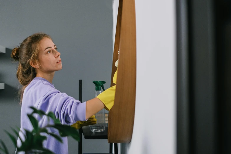a woman in a purple shirt is cleaning a mirror, pexels contest winner, profile image, 15081959 21121991 01012000 4k, clean design, cardboard