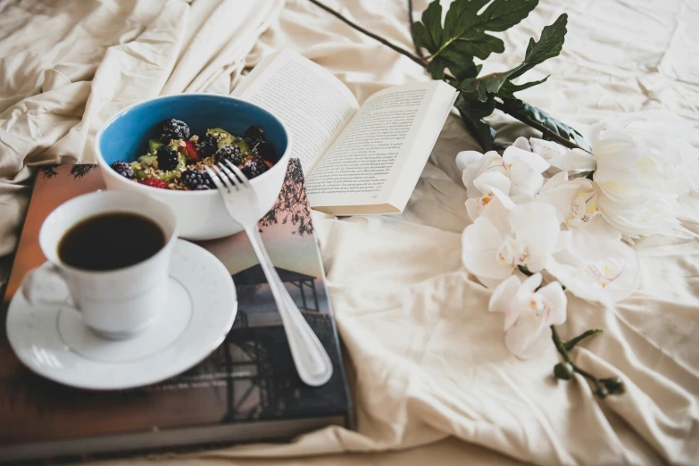 a book sitting on top of a bed next to a cup of coffee, a still life, by Lucia Peka, pexels contest winner, romanticism, fruit and flowers, bowl filled with food, white bed, manuka