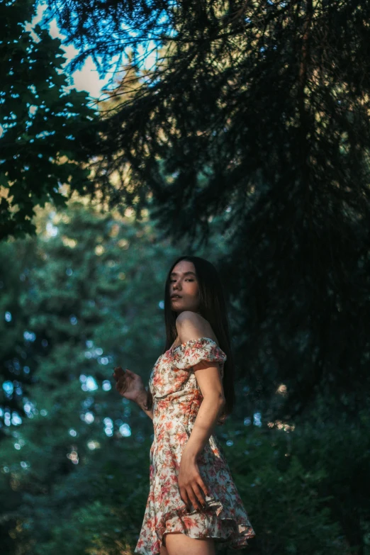 a woman standing in the middle of a forest, inspired by Elsa Bleda, pexels contest winner, renaissance, wearing in a summer dress, brunette, at a park, low quality photo