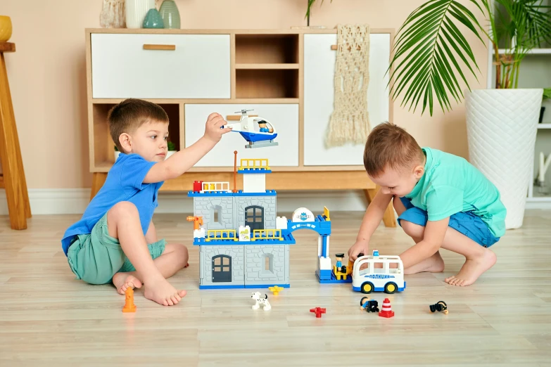 two young boys playing with toys in a living room, a picture, fortress mega structure city, flying emergency vehicles, official product photo, multiplayer set-piece :9