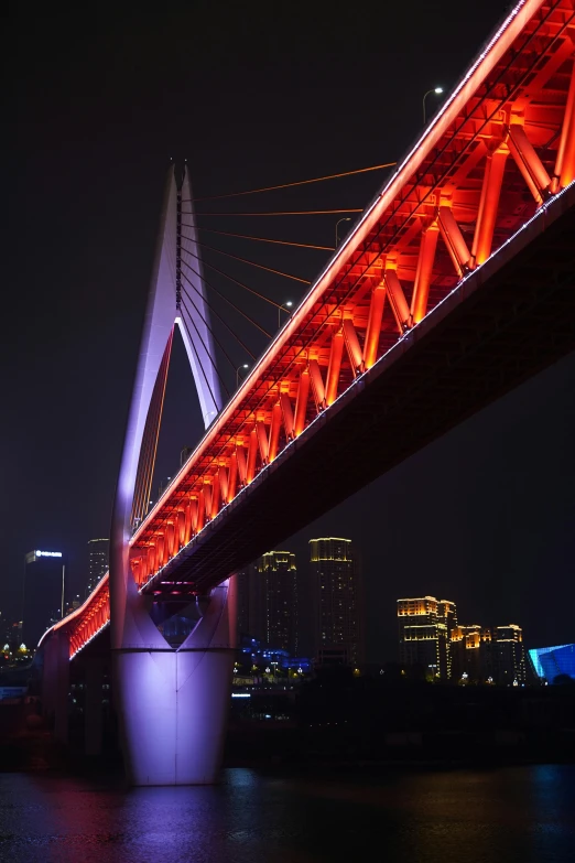 a red and white bridge over a body of water, by Zha Shibiao, night life buildings, shanghai, ultra - detail, cinematic image
