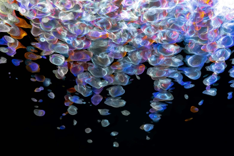 a bunch of jellys floating on top of a black surface, inspired by Bruce Munro, unsplash, generative art, mother of pearl iridescent, ultrafine detail ”, fish scales, lights on ceiling