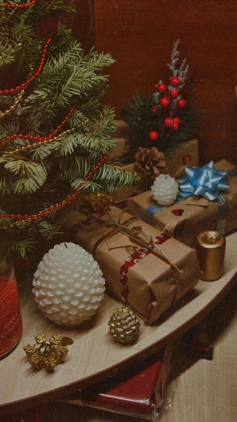 a christmas tree sitting on top of a wooden table, an album cover, inspired by Ernest William Christmas, pexels, hyperrealism, demur, detailed ornaments, autochrome photograph, brown