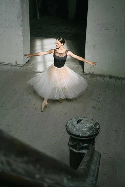 a black and white photo of a woman in a tutu, arabesque, laura letinsky and steve mccurry, hand - tinted, a high angle shot, ( ( theatrical ) )