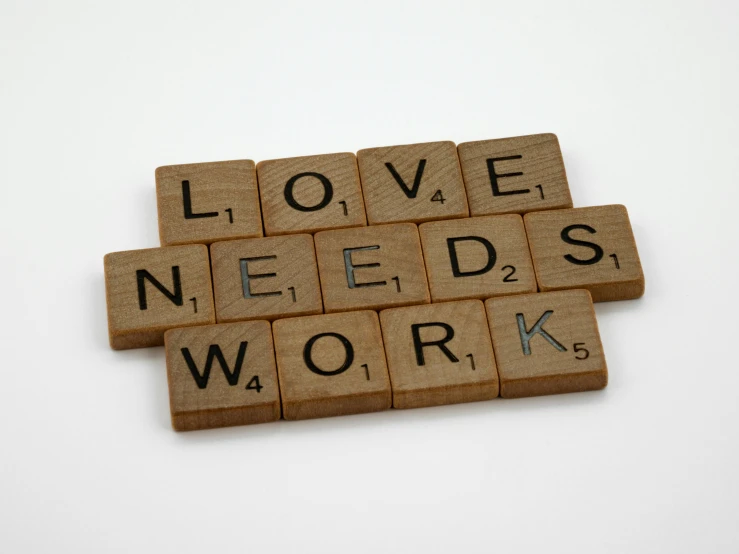 wooden scrabbles spelling love needs work, lewis carrol, profile image, people at work, - 12p