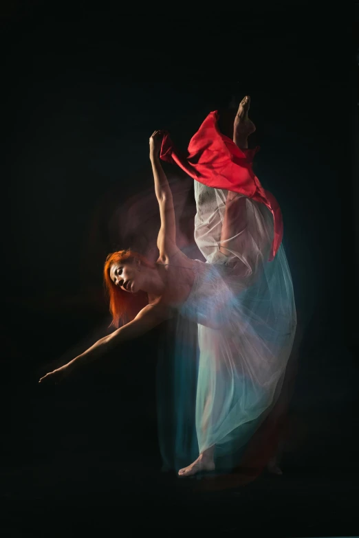 a woman in a white dress is doing a trick, a portrait, by Elizabeth Polunin, pexels contest winner, red and cyan, 15081959 21121991 01012000 4k, diaphanous iridescent cloth, tall