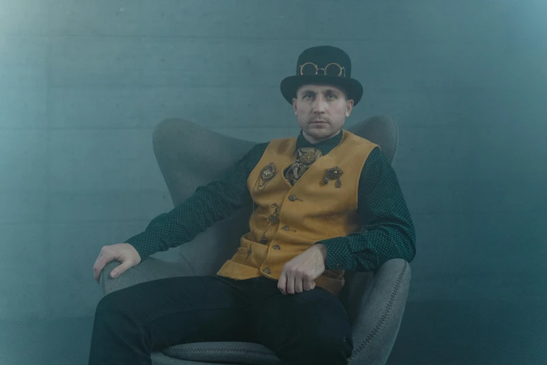 a man sitting in a chair wearing a top hat, inspired by Dicky Doyle, pexels contest winner, renaissance, golden turquoise steampunk, official music video, foggy, doug walker